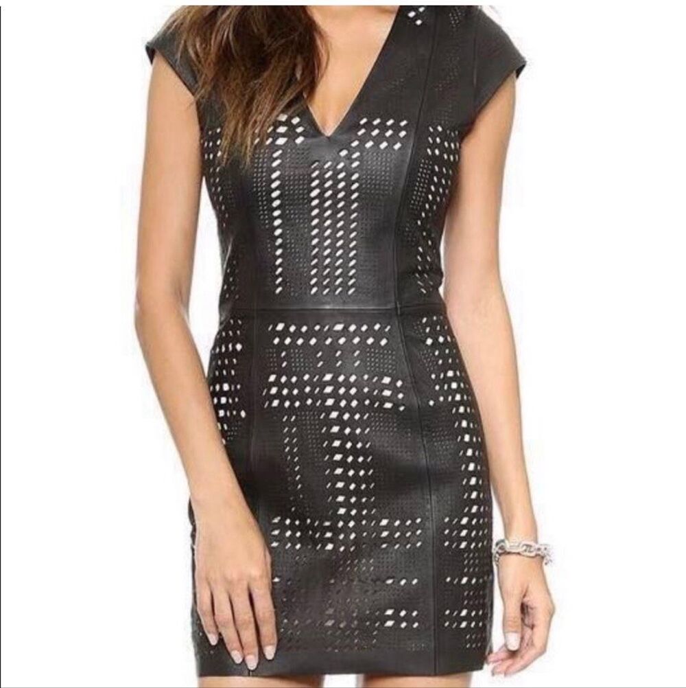 Parker Serena Perforated 100% Leather V-Neck Mini Dress